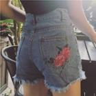 Flower Embroidered High-waist Denim Shorts