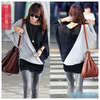 Dolman-sleeve Long-sleeved Color Block Crewneck Long T-shirt