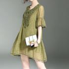 Rhinestone Embroidered Elbow Sleeve Swing Dress