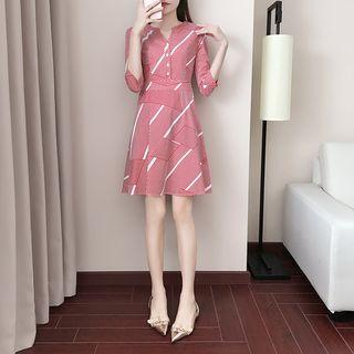 V-neck Striped 3/4-sleeve A-line Dress