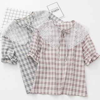 Flower Embroidered Plaid Short-sleeve Top