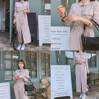 Pocket-detail Long Shirtdress With Sash Beige - One Size