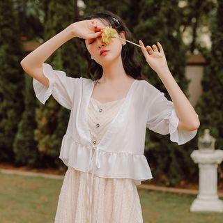 Lace Trim Elbow-sleeve Chiffon Light Jacket White - One Size