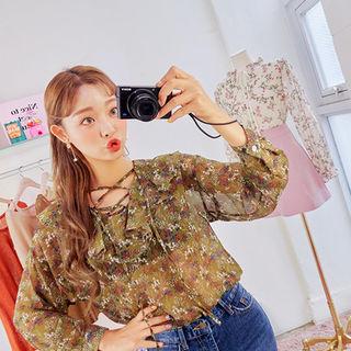 Lace-up Ruffle-collar Floral Chiffon Blouse