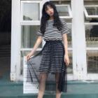 Set: Stripe Short-sleeve T-shirt Dress + Mesh Midi Skirt