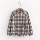 Raglan Sleeve Plaid Button Jacket Khaki - One Size