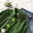 Plain Short-sleeve Cropped Shirt With 1 Flower Brooch - Green - One Size