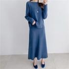 Set: Drop-shoulder Knit Top + A-line Skirt