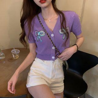 Sequined Short-sleeve Knit Top 9286 - Purple - One Size