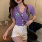 Sequined Short-sleeve Knit Top 9286 - Purple - One Size