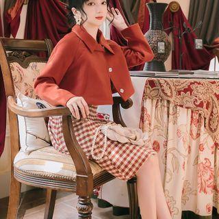 Set: Button Jacket + Spaghetti Strap Plaid Midi A-line Dress