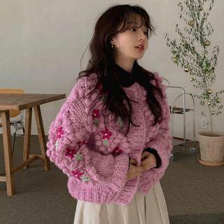 Floral Embroidered Pom Pom Cardigan Pink - One Size