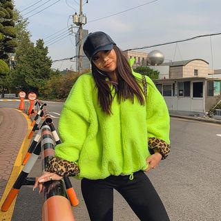 Leopard-lining Neon Sherpa-fleece Jacket Neon - One Size