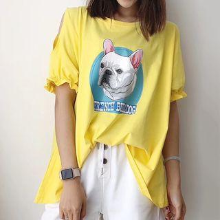 Dog Print Cut Out Shoulder Short Sleeve T-shirt Dress