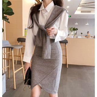Knit Cape Accent Shirt / High-waist Knit Skirt