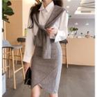 Knit Cape Accent Shirt / High-waist Knit Skirt