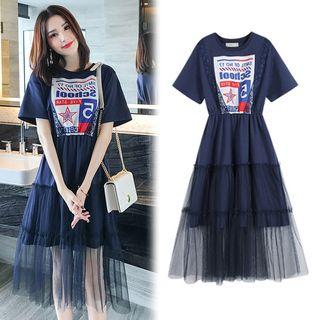 Short-sleeve Printed Mesh Overlay A-line Midi Dress