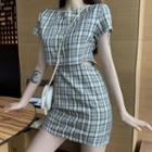 Mock Two-piece Short-sleeve Plaid Mini Sheath Dress