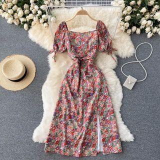 Square-neck Floral Slit Puff Short-sleeve Dress White - One Size