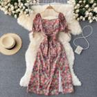 Square-neck Floral Slit Puff Short-sleeve Dress White - One Size