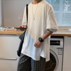 Elbow-sleeve Plain Asymmetric T-shirt
