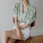 Puff-sleeve Linen Blend Crop Blouse