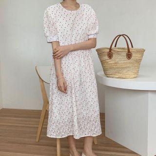 Printed Short-sleeve Midi Shift Dress Off-white - One Size