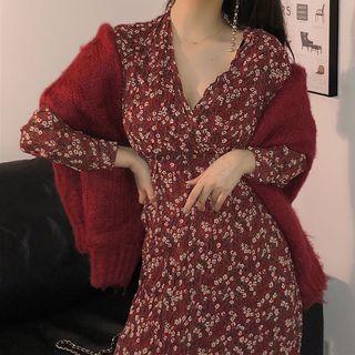 Plain Sweater / Long-sleeve Midi A-line Ruched Dress