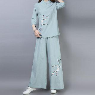 Set: Elbow-sleeve Print Top + Wide Leg Pants