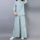 Set: Elbow-sleeve Print Top + Wide Leg Pants