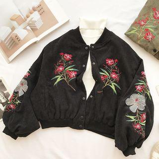 Flower Embroidered Loose-fit Puff-sleeve Corduroy Jacket