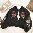 Flower Embroidered Loose-fit Puff-sleeve Corduroy Jacket