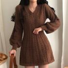Lantern-sleeve V-neck Cable Knit Mini Dress