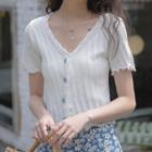 Short-sleeve V-neck Button-up T-shirt White - One Size