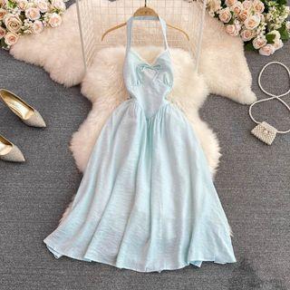 Lace-trim Bow Detail Halter Dress