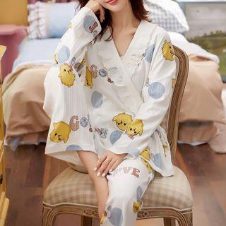 Loungewear Set : Long-sleeve Lace Trim Chick Print Wrapped Top + Pants