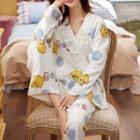Loungewear Set : Long-sleeve Lace Trim Chick Print Wrapped Top + Pants