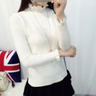 Frilled Mock-neck Long-sleeve Knitted Top