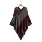 Color Block Knit Poncho Gray & Red - One Size