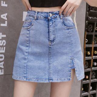 Denim Slit Mini A-line Skirt