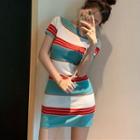 Short-sleeve Knit Mini Sheath Dress Stripes - Multicolor - One Size