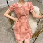 Plaid Short-sleeve Collared Slim-fit Dress