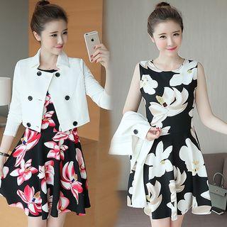 Set: Double-breasted Cropped Jacket + Floral Print Sleeveless Dress