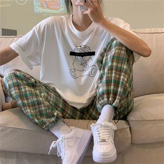 Short-sleeve Bear Print T-shirt / Plaid Harem Pants