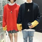 Couple Matching Long-sleeve Contrast-trim Knit Top