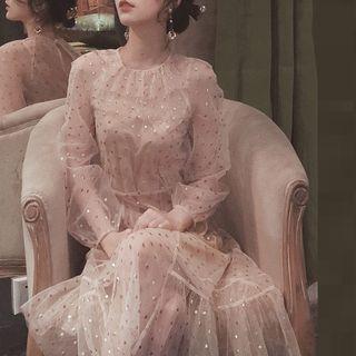 Polka Dot Long-sleeve A-line Mesh Dress