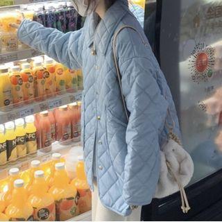 Collared Quilted Single-breasted Jacket Blue - One Size