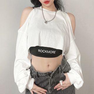 Set: Long-sleeve Cold-shoulder Cropped Sweatshirt + Lettering Camisole Top