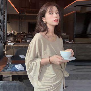 Long-sleeve Plain Crew-neck Open Back Loose-fit T-shirt