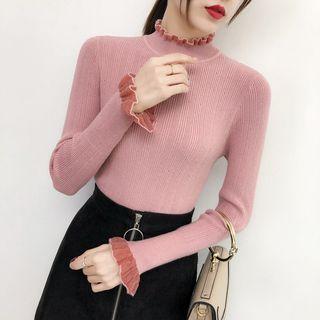 Mock-turtleneck Ruffled Rib Knit Top